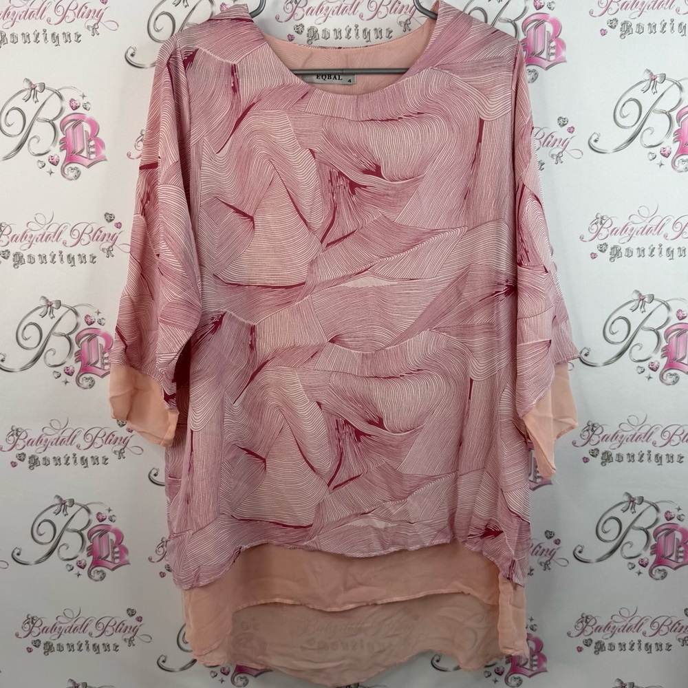 Eqbal shirt long style floral flower line work Elegant Layered Pink Blouse